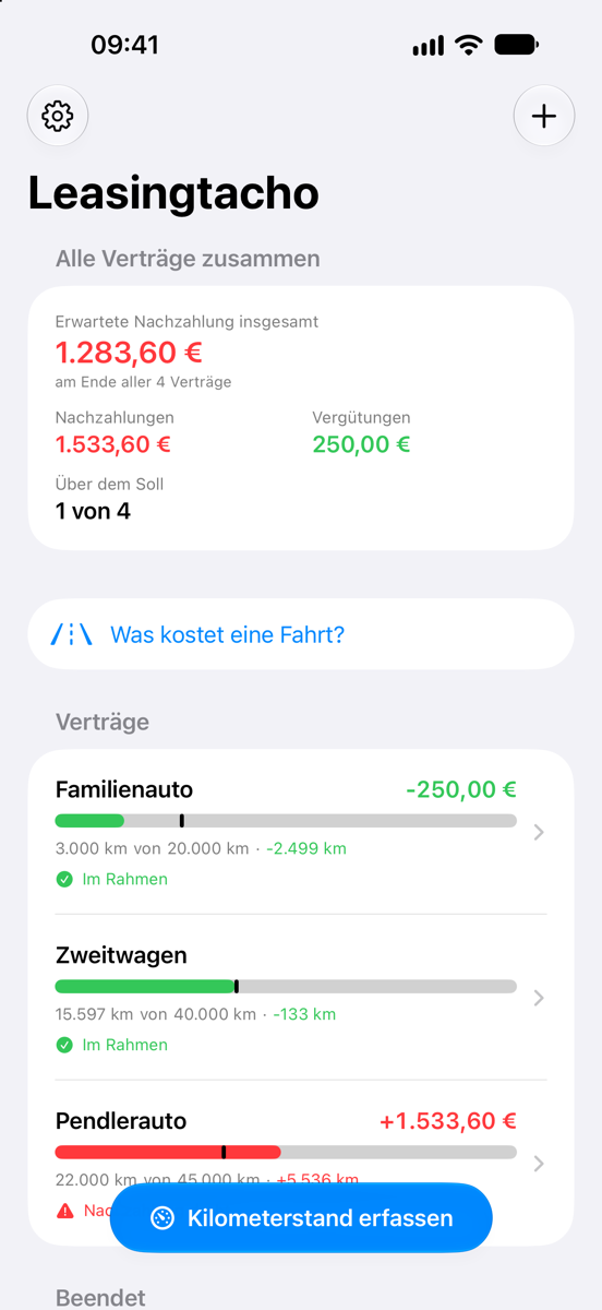 Startseite der App: oben die erwartete Nachzahlung über alle Verträge zusammen, darunter die einzelnen Verträge mit Kilometerbalken, Abweichung vom Soll und Betrag.