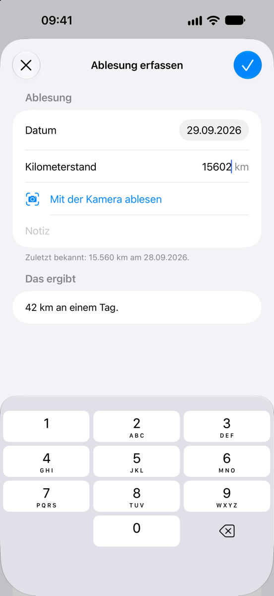 Formular „Ablesung erfassen“: Datum, eingetippter Kilometerstand, der Knopf „Mit der Kamera ablesen“ und darunter die gefahrenen Kilometer seit der letzten Ablesung.